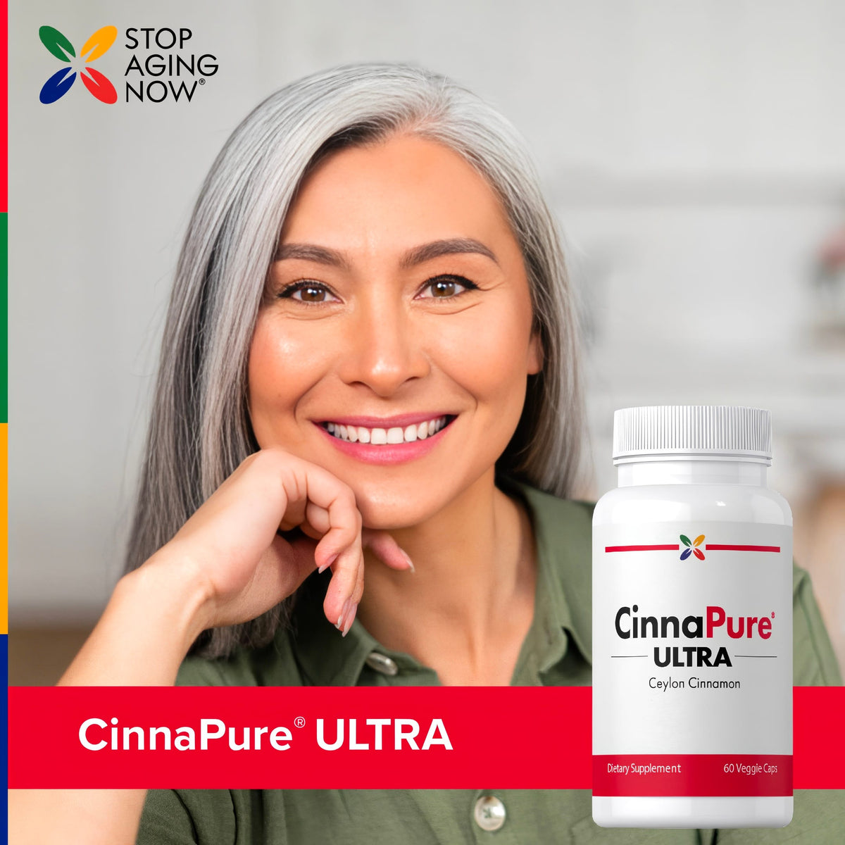 Lifestyle image showing smiling woman with CinnaPure ULTRA Ceylon Cinnamon supplement bottle.