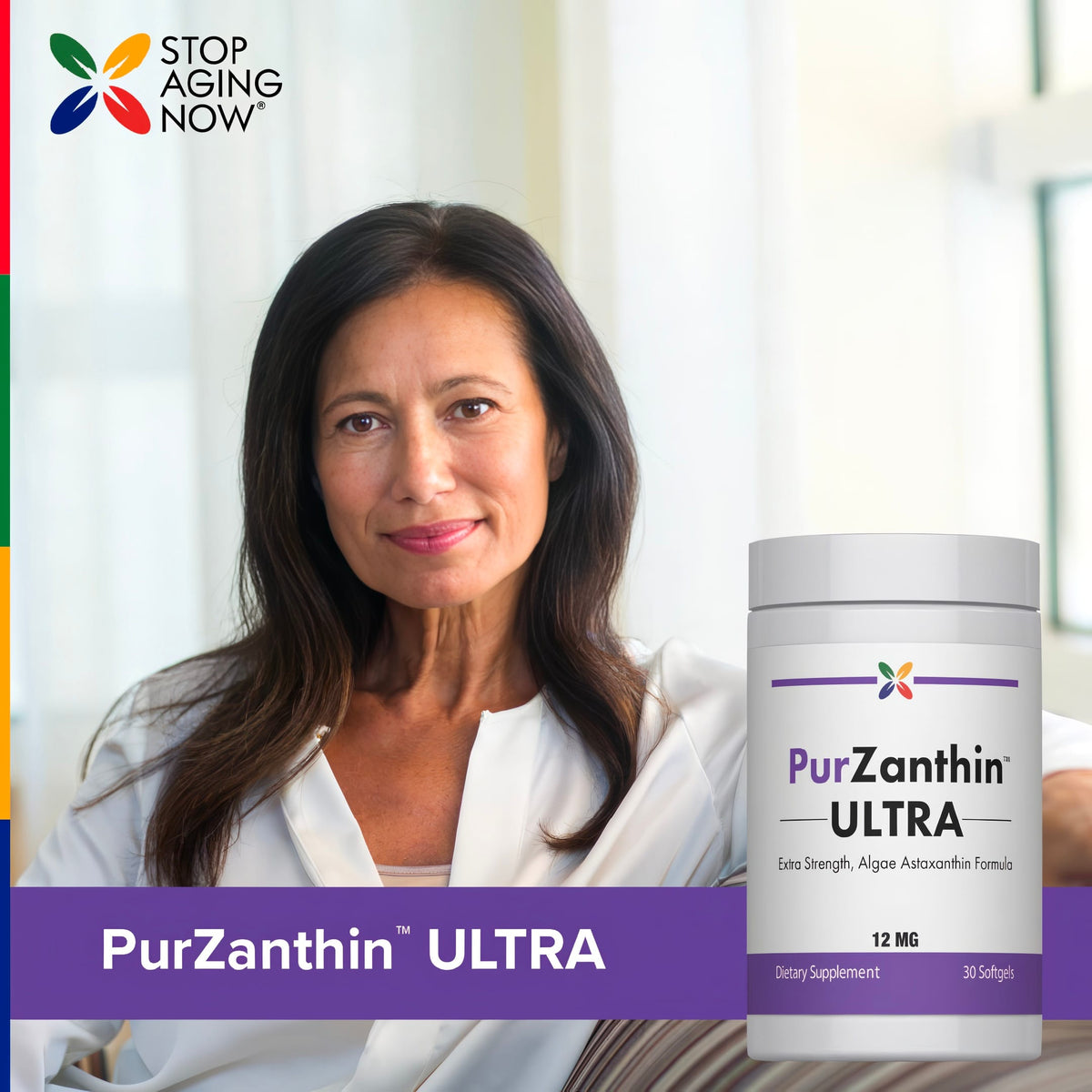 A middle-aged woman smiling as she sits on a couch with a PurZanthin ULTRA bottle beside her.