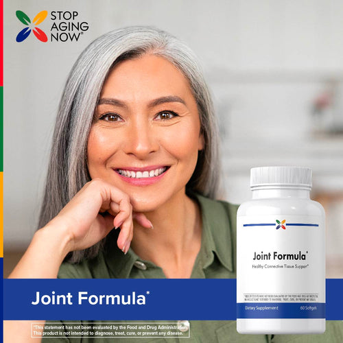 View 8 Woman with gray hair and a bottle of 'Joint Formula' supplement on a 'Stop Aging Now' branded background.