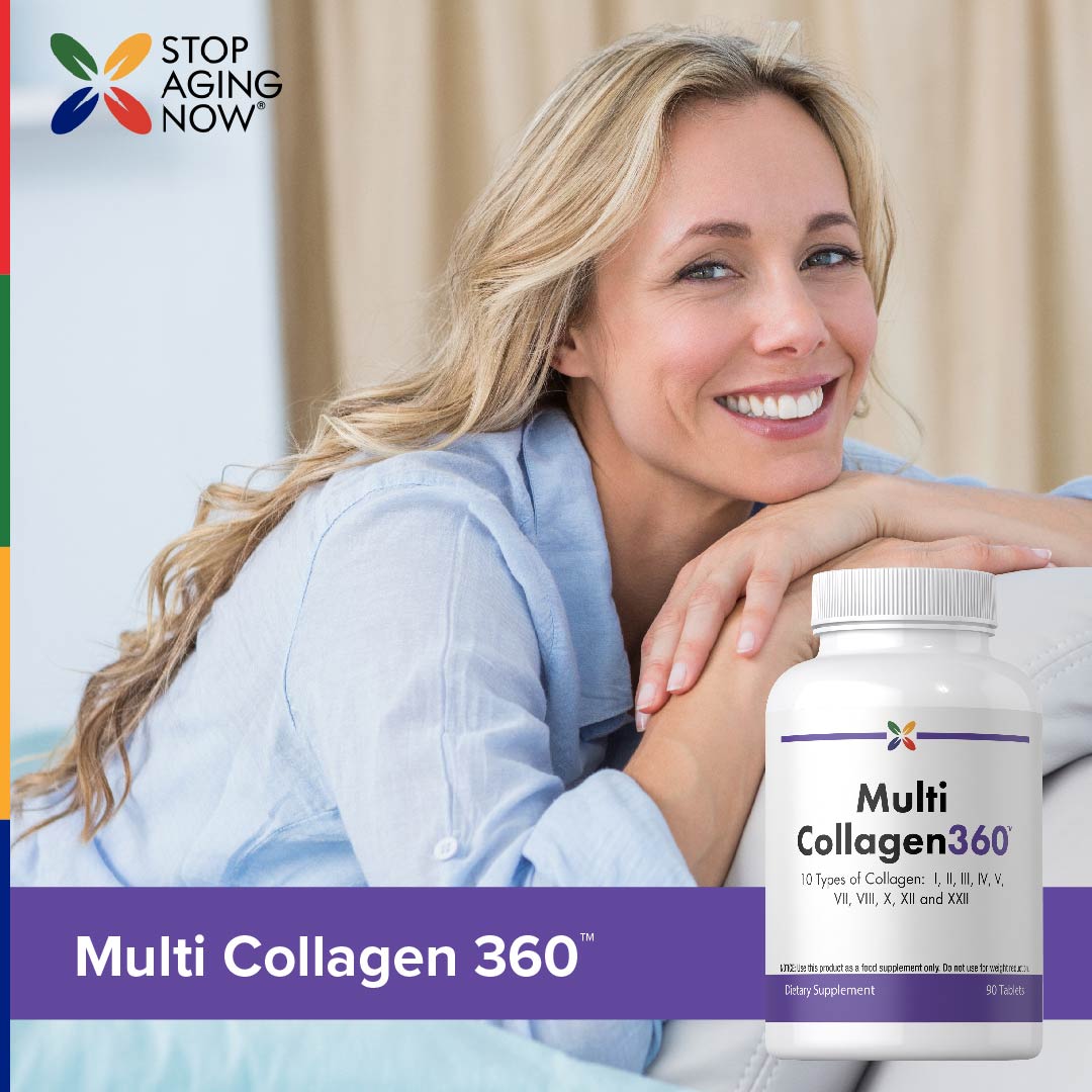 Middle-aged woman smiling while leaning on a couch next to a bottle of Multi Collagen 360.