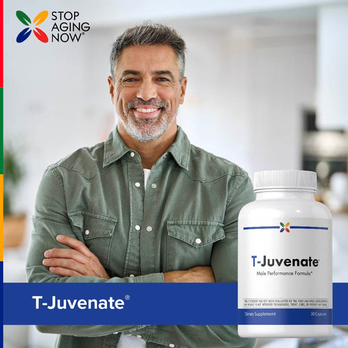 View 8 Man standing next to a bottle of T-Juvenate supplement with 'Stop Aging Now' branding.