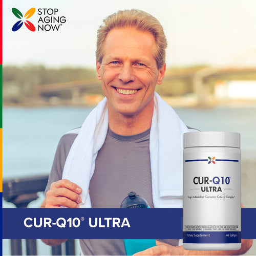 View 6 Middle-aged man smiling after a workout, holding a towel and water bottle next to a CUR-Q10 ULTRA bottle.