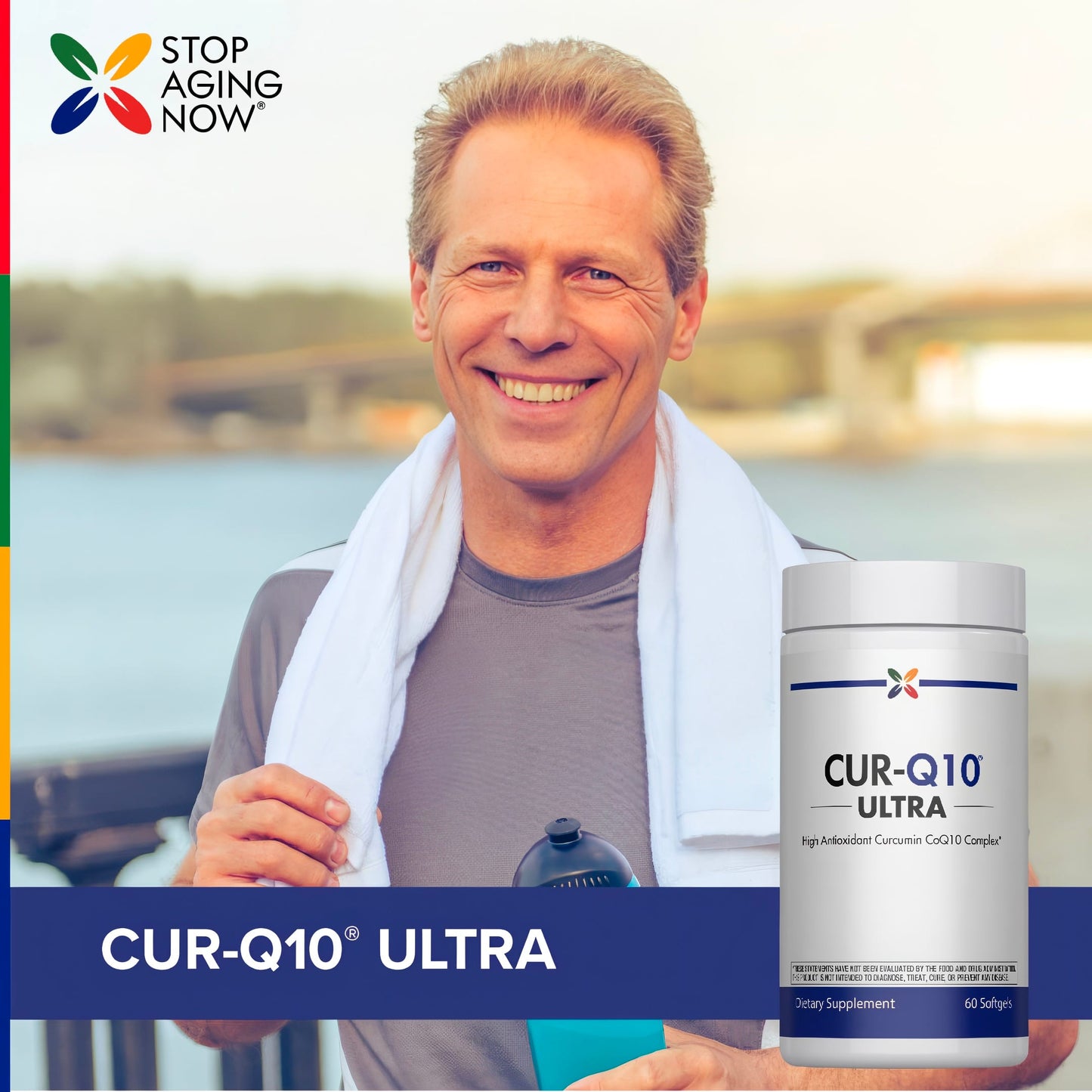 Middle-aged man smiling after a workout, holding a towel and water bottle next to a CUR-Q10 ULTRA bottle.