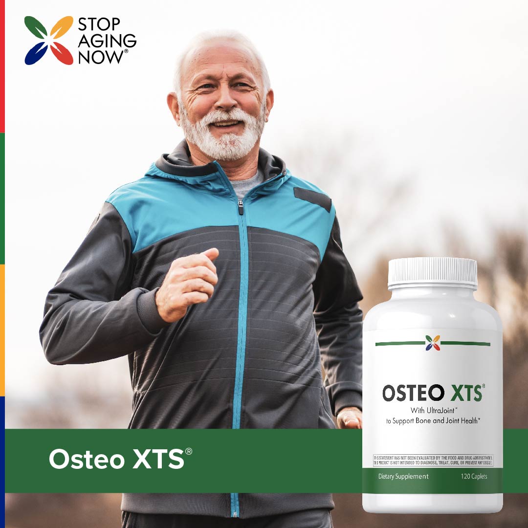 Senior man jogging outside holding an Osteo XTS bottle.
