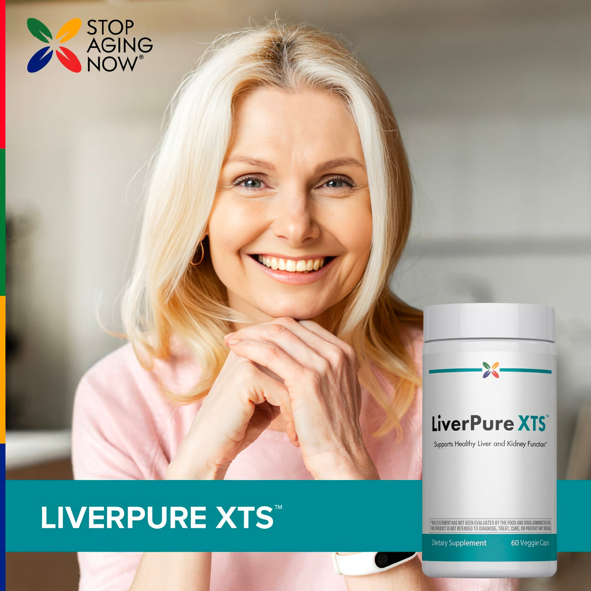 A happy senior woman with her hands under her chin next to a LiverPure XTS bottle.