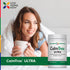 Woman relaxing in bed, wrapped in a blanket, holding a mug next to a bottle of CalmTrex ULTRA.