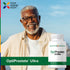 A senior man smiles outdoors next to a bottle of OptiProstate.