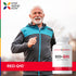 An elderly man jogging next to a RED-Q10 bottle.