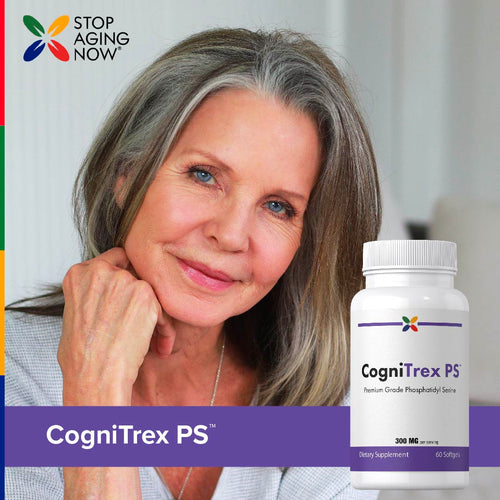 View 7 Woman with a bottle of CogniTrex PS supplement, featuring the Stop Aging Now brand.