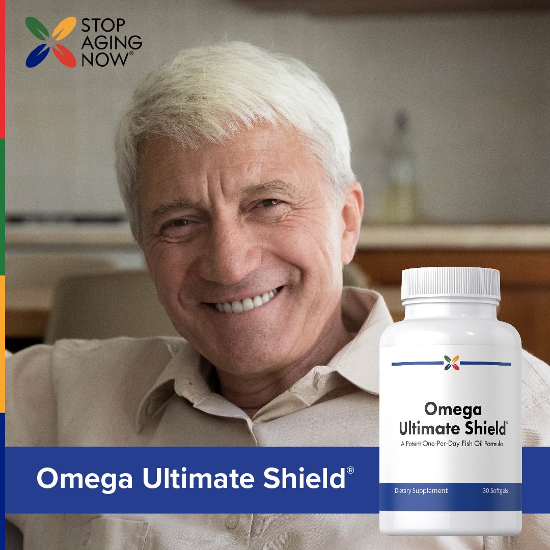 A senior man smiling next to a bottle of Omega Ultimate Shield.