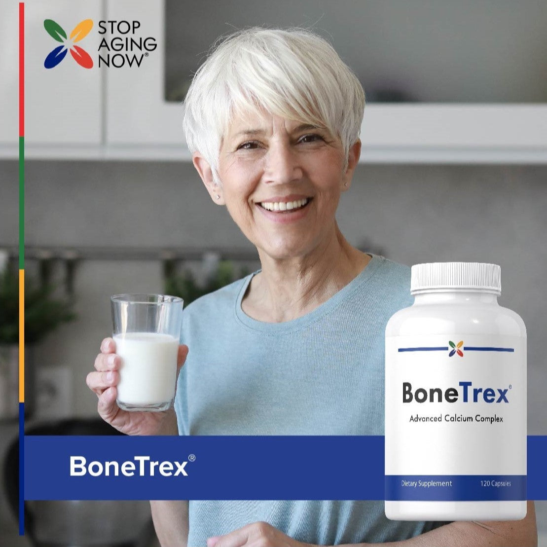 An elderly woman smiles while holding a milk glass next to a BoneTrex supplement bottle, suggesting a focus on bone health.