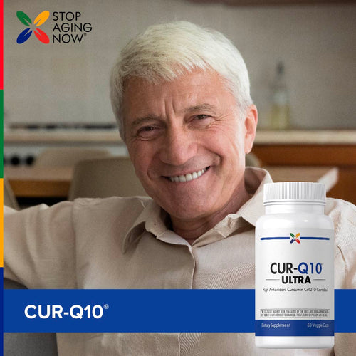View 7 A senior man smiling while holding a CUR-Q10 ULTRA bottle.