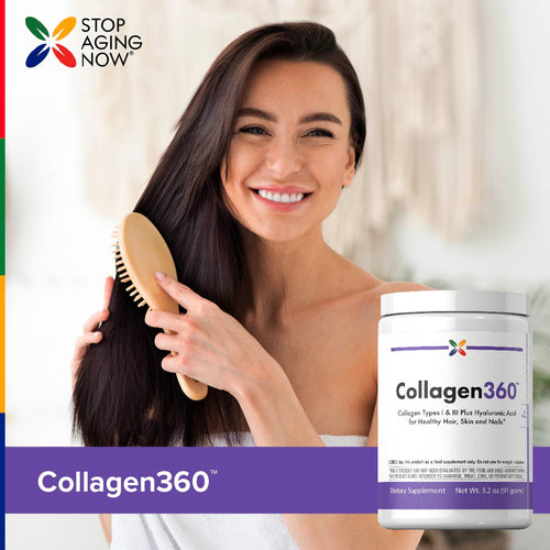 View 7 A young woman with a bright smile brushes her dark hair with a wooden brush beside a Collagen360 powder jar.