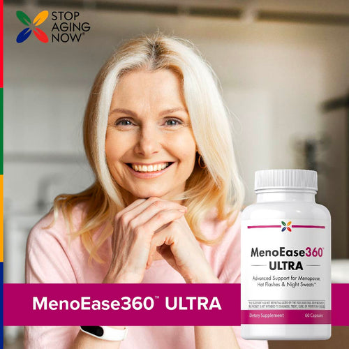 View 7 Woman with blonde hair and a bottle of MenoEase360 Ultra supplement in a promotional setting.
