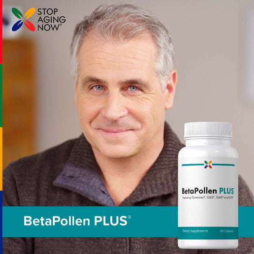View 8 Man with a supplement bottle labeled 'BetaPollen PLUS' and 'Stop Aging Now' logo.
