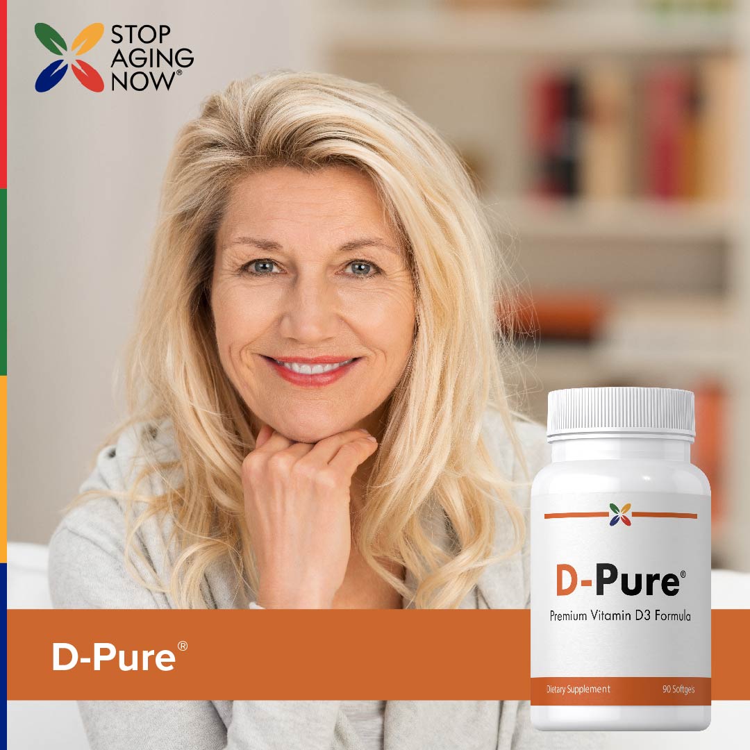A middle-aged woman smiles and relaxes next to a D-Pure bottle.