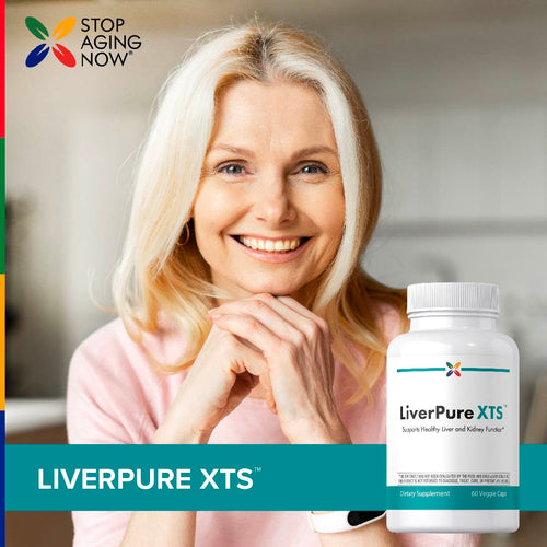 View 7 A happy senior woman with her hands under her chin next to a LiverPure XTS bottle.
