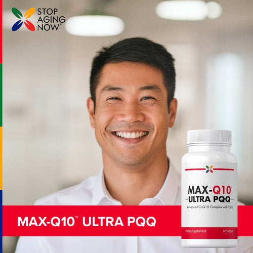 View 7 A smiling man in his 30s-40s holds a MAX-Q10 ULTRA PQQ bottle.