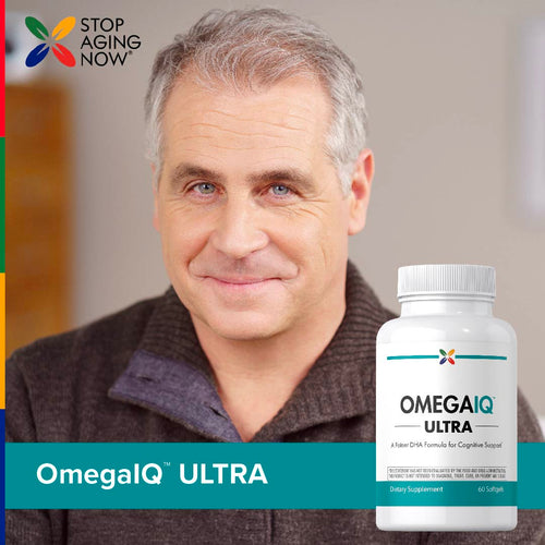 View 7 Man with a supplement bottle labeled 'OmegaIQ Ultra' and 'Stop Aging Now' branding.