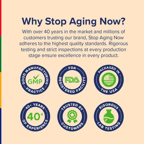 View 6 Infographic stating GMP practice, FDA registered, packaged in USA, 40+ years experience, trusted by customers, rigorous lab testing.