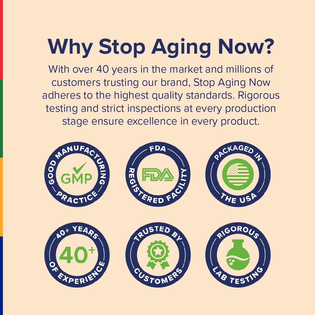Infographic stating GMP practice, FDA registered, packaged in USA, 40+ years experience, trusted by customers, rigorous lab testing.