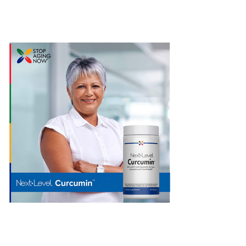 View 7 Adult smiling with arms crossed beside Next Level Curcumin supplement bottle, with graphic stating STOP AGING NOW and Next Level Curcumin