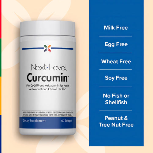 View 5 Next Level Curcumin bottle with graphic stating Milk Free, Egg Free, Wheat Free, Soy Free, No Fish or Shellfish, Peanut & Tree Nut Free
