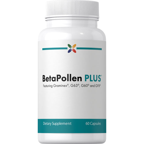 View 1 BetaPollen Plus dietary supplement bottle with white cap and label.