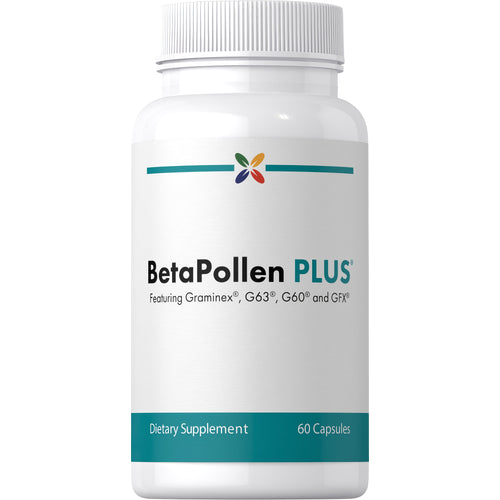 View 1 BetaPollen PLUS supplement with Graminex, G63, G60 and GFX, available in a 60-capsule bottle.