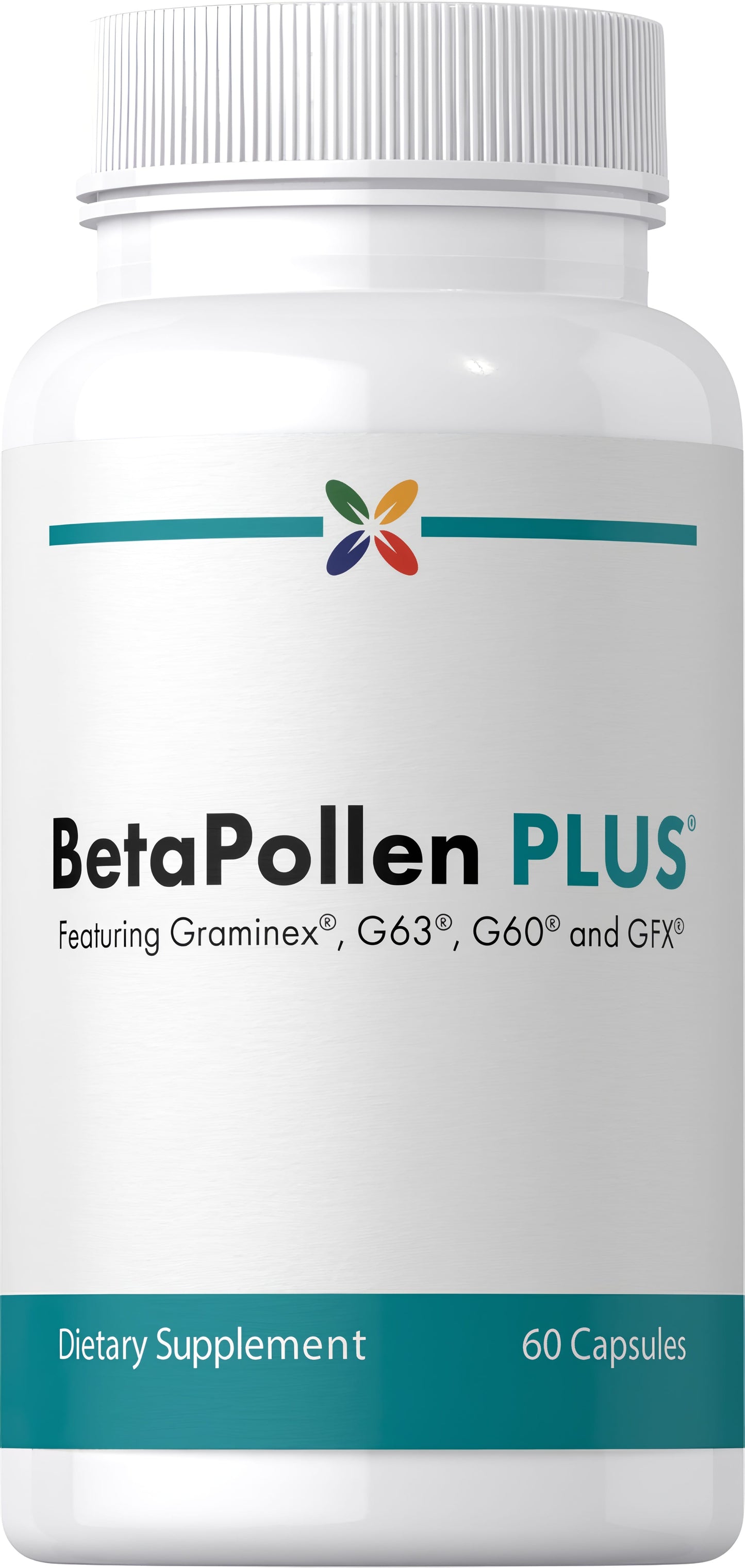 BetaPollen PLUS supplement with Graminex, G63, G60 and GFX, available in a 60-capsule bottle.