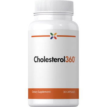 Cholesterol360 dietary supplement bottle with 30 capsules for cardiovascular health support.