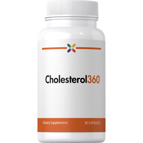 View 1 Cholesterol360 dietary supplement bottle with 30 capsules for cardiovascular health support.