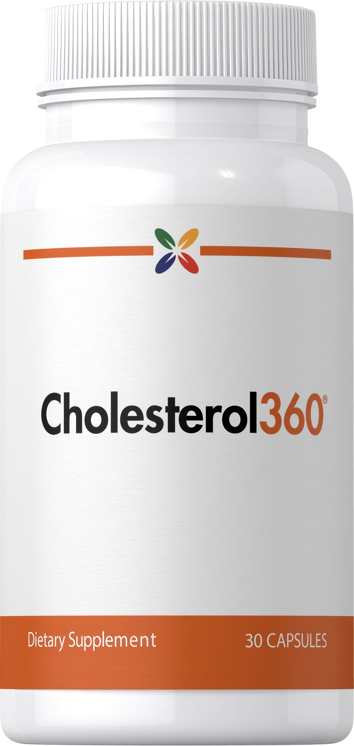 Cholesterol360 dietary supplement bottle with 30 capsules for cardiovascular health support.
