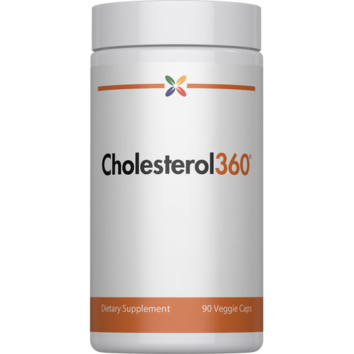 View 1 Cholesterol360 dietary supplement bottle containing 90 veggie capsules for cholesterol support and heart health.