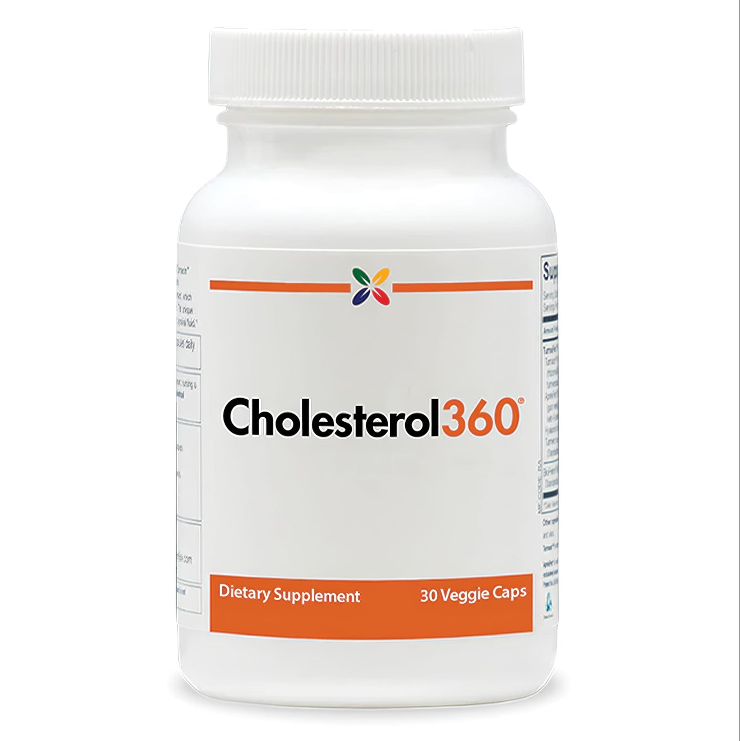Cholesterol360° dietary supplement in a bottle containing 30 veggie capsules for cholesterol management and heart health support.