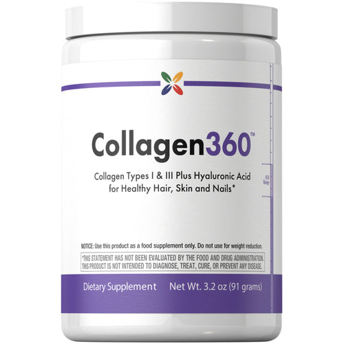 View 1 Collagen360 Collagen Types I & III with Hyaluronic Acid Powder, net weight 3.2 oz (91 grams).