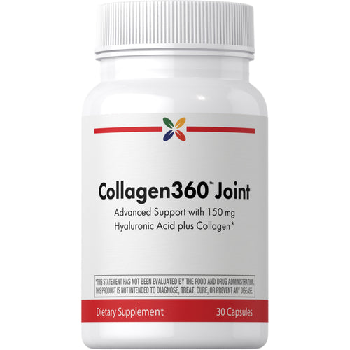 View 1 Collagen 360 Joint support supplement with 150 mg Hyaluronic Acid and Collagen, 30 capsules in a bottle.