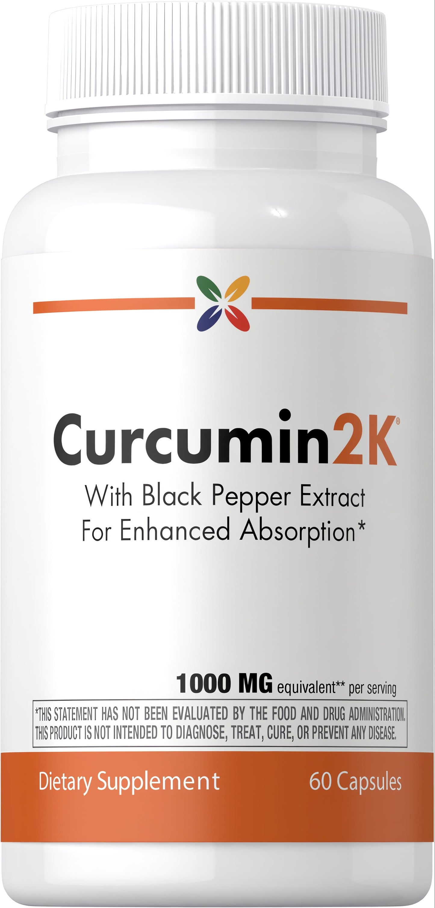Curcumin2K dietary supplement, with Black Pepper Extract For Enhanced Absorption*, 1000 MG equivalent** per serving, 60 capsules.