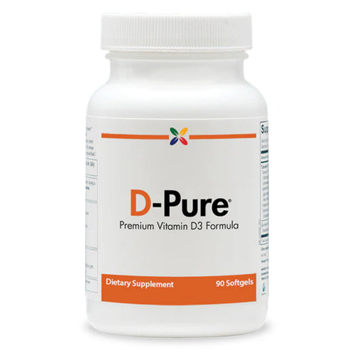 View 1 D-Pure Premium Vitamin D3 Formula Dietary Supplement bottle containing 90 softgels.
