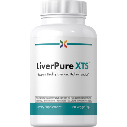 View 1 LiverPure XTS Dietary Supplement, 60 veggie capsules, displayed in a bottle.