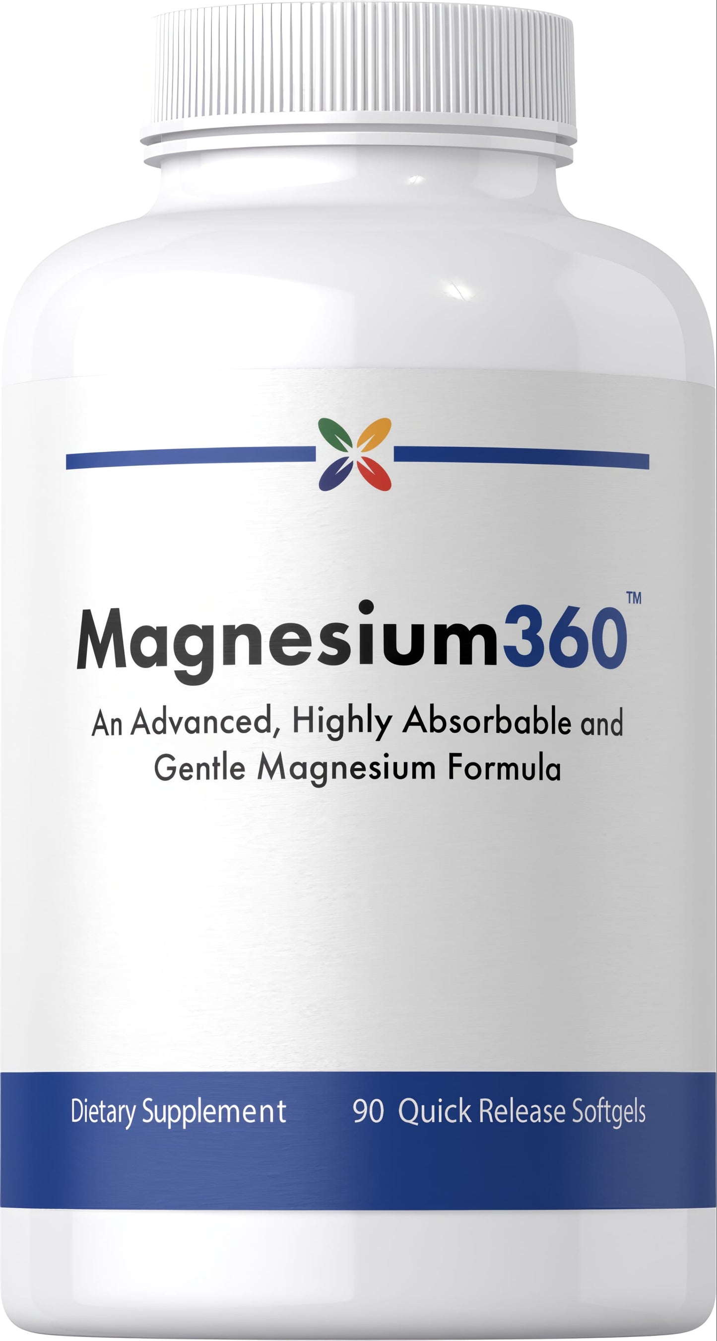 Magnesium360 is an advanced, highly absorbable magnesium formula dietary supplement in a bottle with 90 quick release softgels.