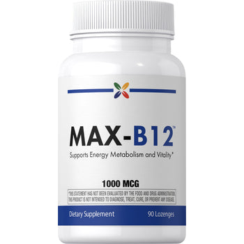 MAX-B12 supplement containing 1000 MCG in a bottle of 90 lozenges.
