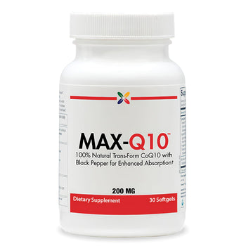 MAX-Q10 CoQ10 Formula 200 MG with Black Pepper for enhanced absorption, 30 softgels included.