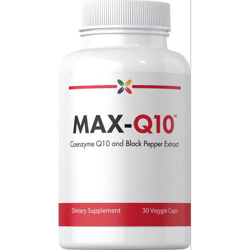 View 1 MAX-Q10 CoQ10 Formula featuring Coenzyme Q10 and Black Pepper Extract, offered in a 30 Veggie Caps bottle.