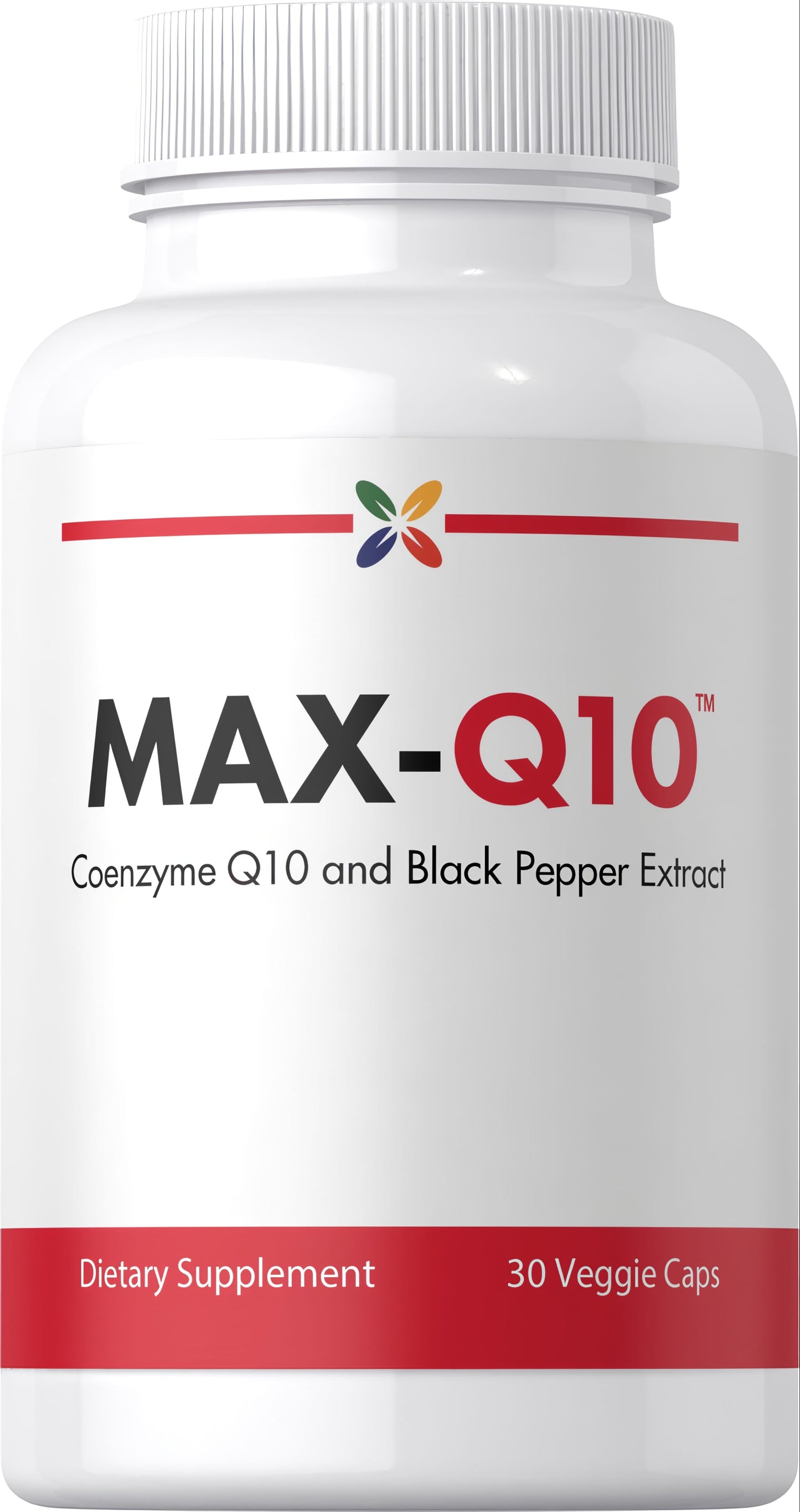 MAX-Q10 CoQ10 Formula featuring Coenzyme Q10 and Black Pepper Extract, offered in a 30 Veggie Caps bottle.