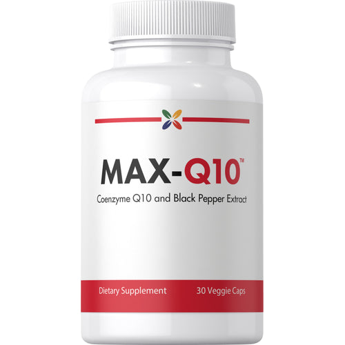 View 1 White bottle of MAX-Q10 Coenzyme Q10 with Black Pepper Extract, a dietary supplement containing 30 veggie capsules.