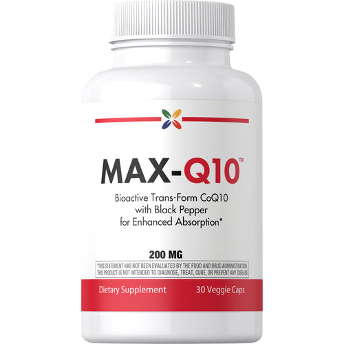 View 1 MAX-Q10 Bioactive Trans-Form CoQ10 with Black Pepper enhances absorption, 200 MG, 30 veggie capsules.