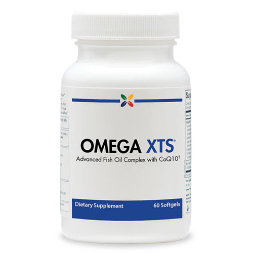 View 1 OMEGA XTS Advanced Fish Oil Complex with CoQ10+ is a dietary supplement with 60 softgels.