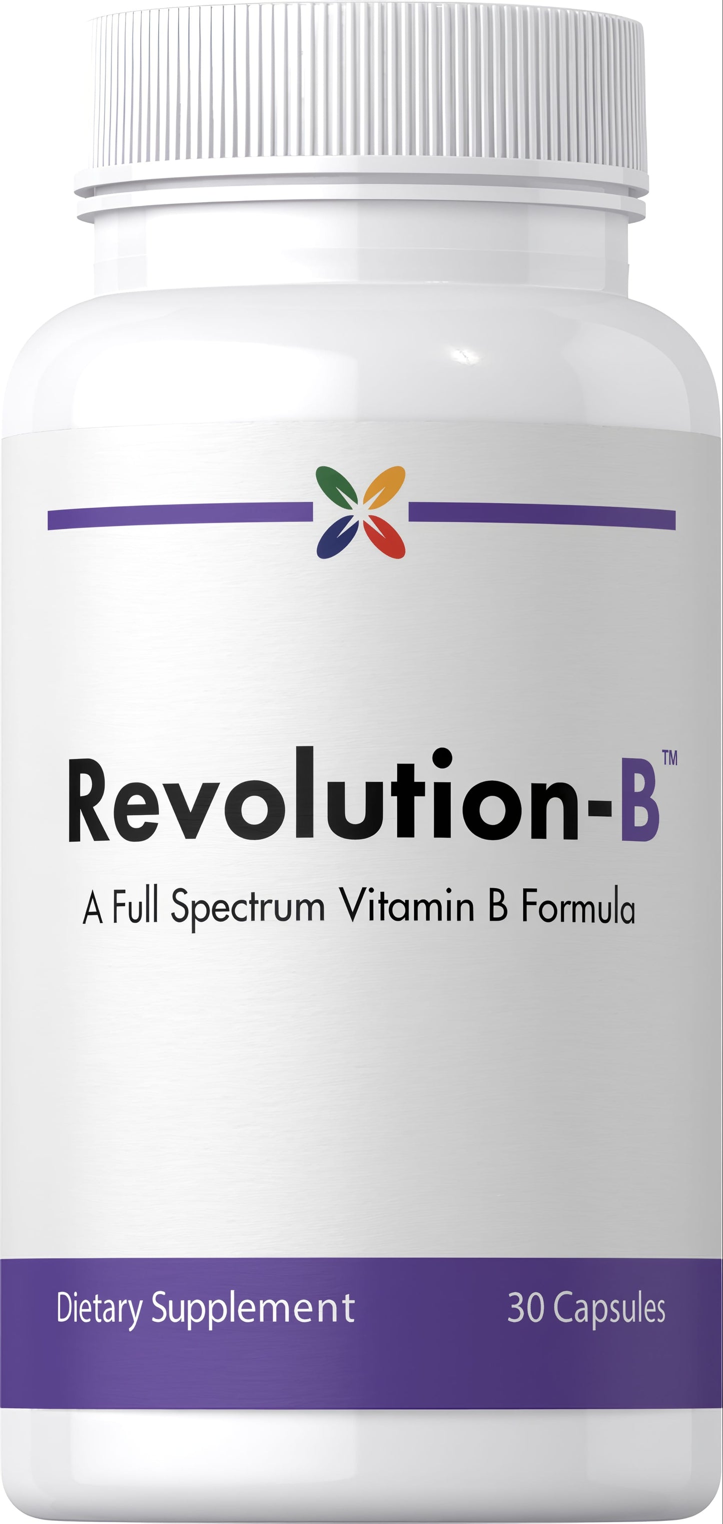 Revolution-B is a full-spectrum Vitamin B dietary supplement with 30 capsules, designed to support overall health and well-being.