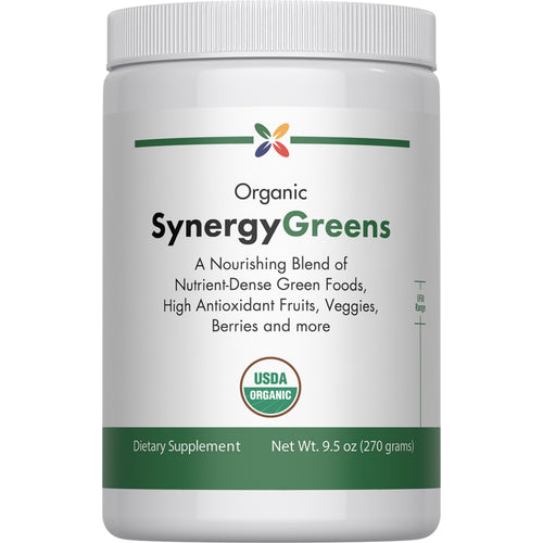 View 1 Organic SynergyGreens dietary supplement, 9.5 oz (270 grams) container.